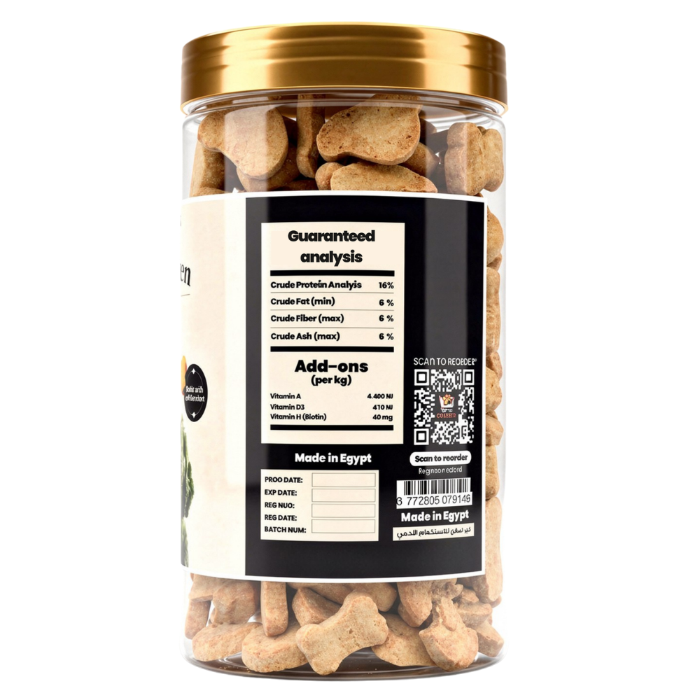 Jar of dog treats with a gold lid on a white background