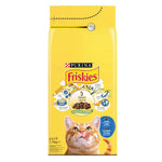 Yellow bag of Purina Friskies cat food with a cat on the label