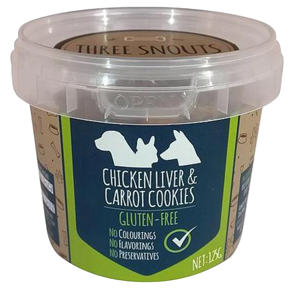 Container of 'Three Snouts' chicken liver & carrot cookies on a white background