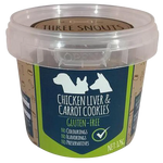 Container of 'Three Snouts' chicken liver & carrot cookies on a white background