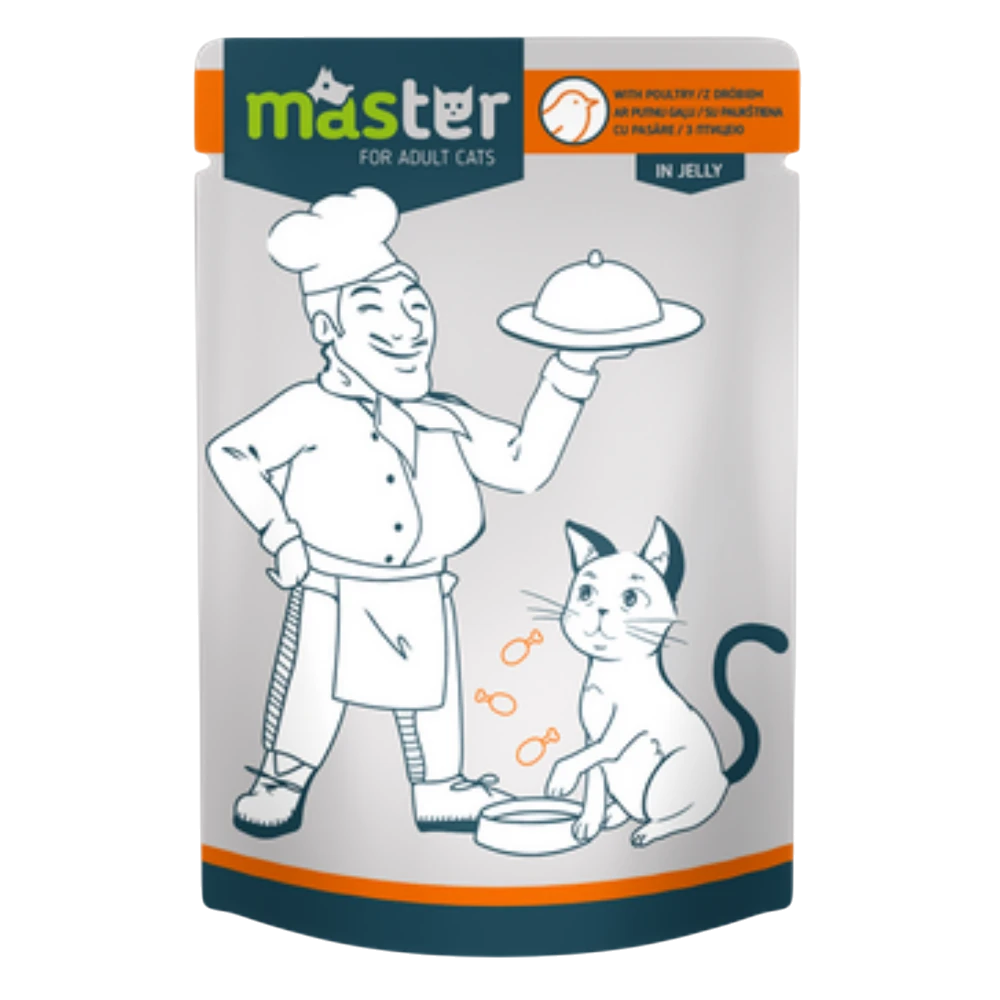 Cat food package with a chef illustration and a cat, on a white background