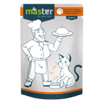 Cat food package with a chef illustration and a cat, on a white background