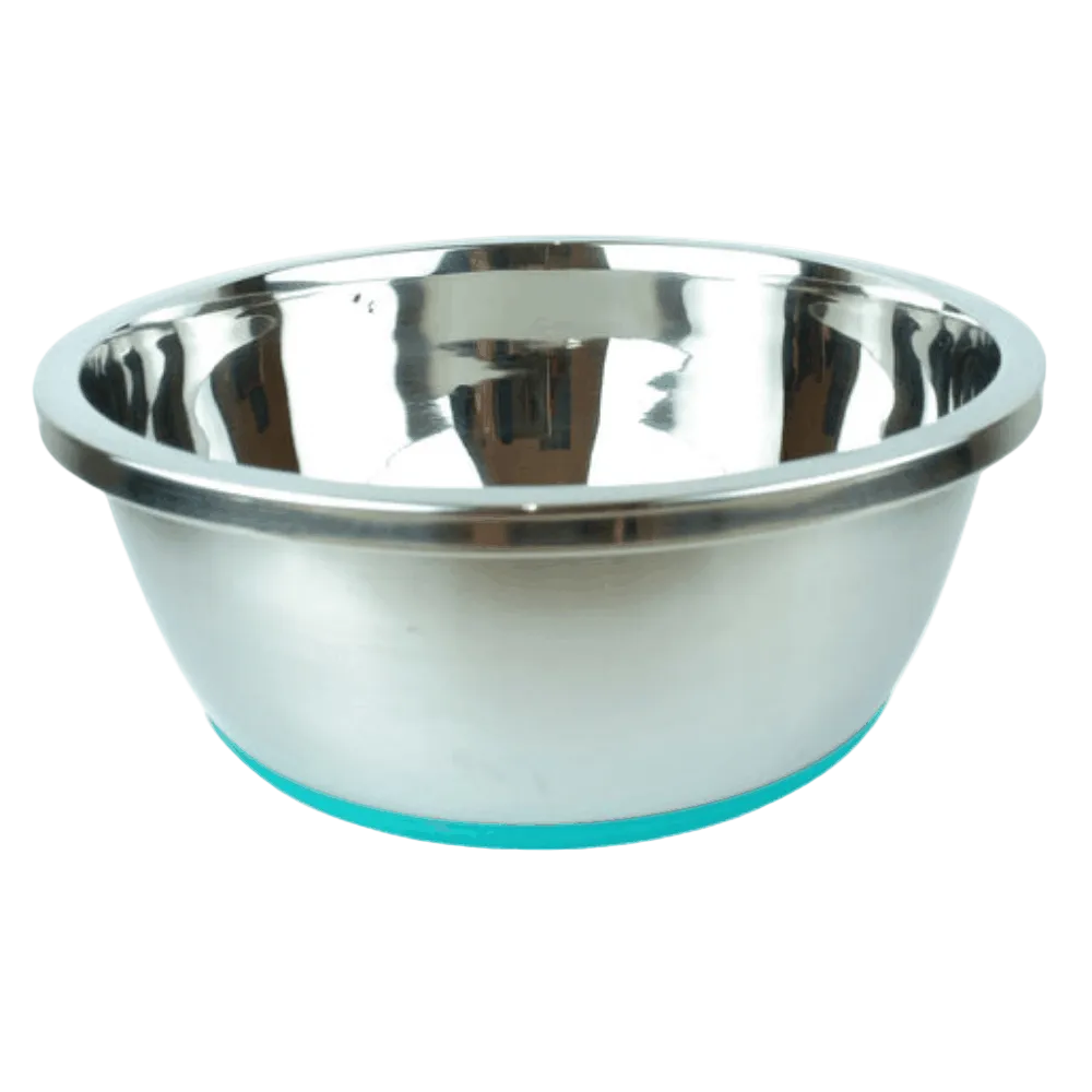 Stainless steel bowl with a blue silicone base on a white background