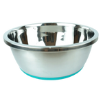 Stainless steel bowl with a blue silicone base on a white background