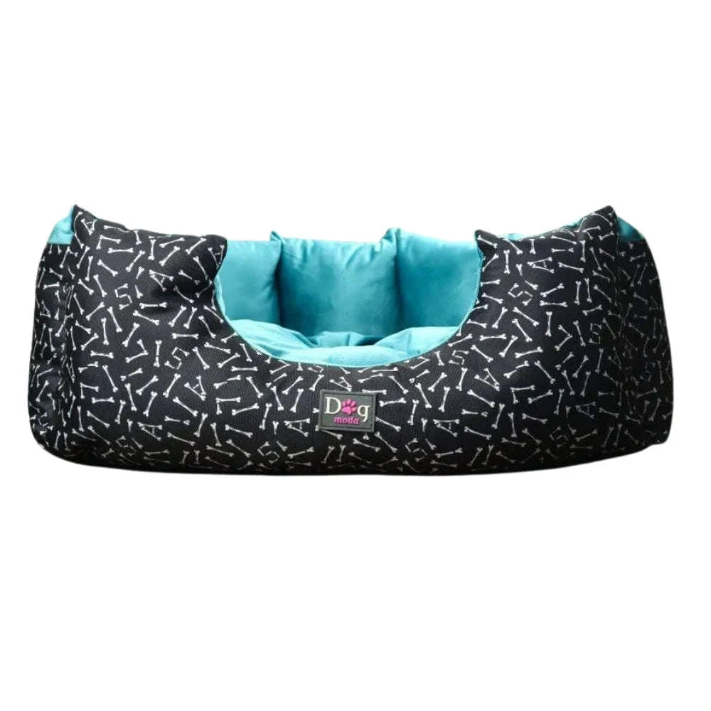 Petmoda Bone Pattern Medium Bed Black and Light Blue Plush for Dog 65*50.