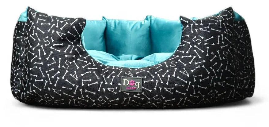 Petmoda Bone Pattern Medium Bed Black and Light Blue Plush for Dog 65*50.