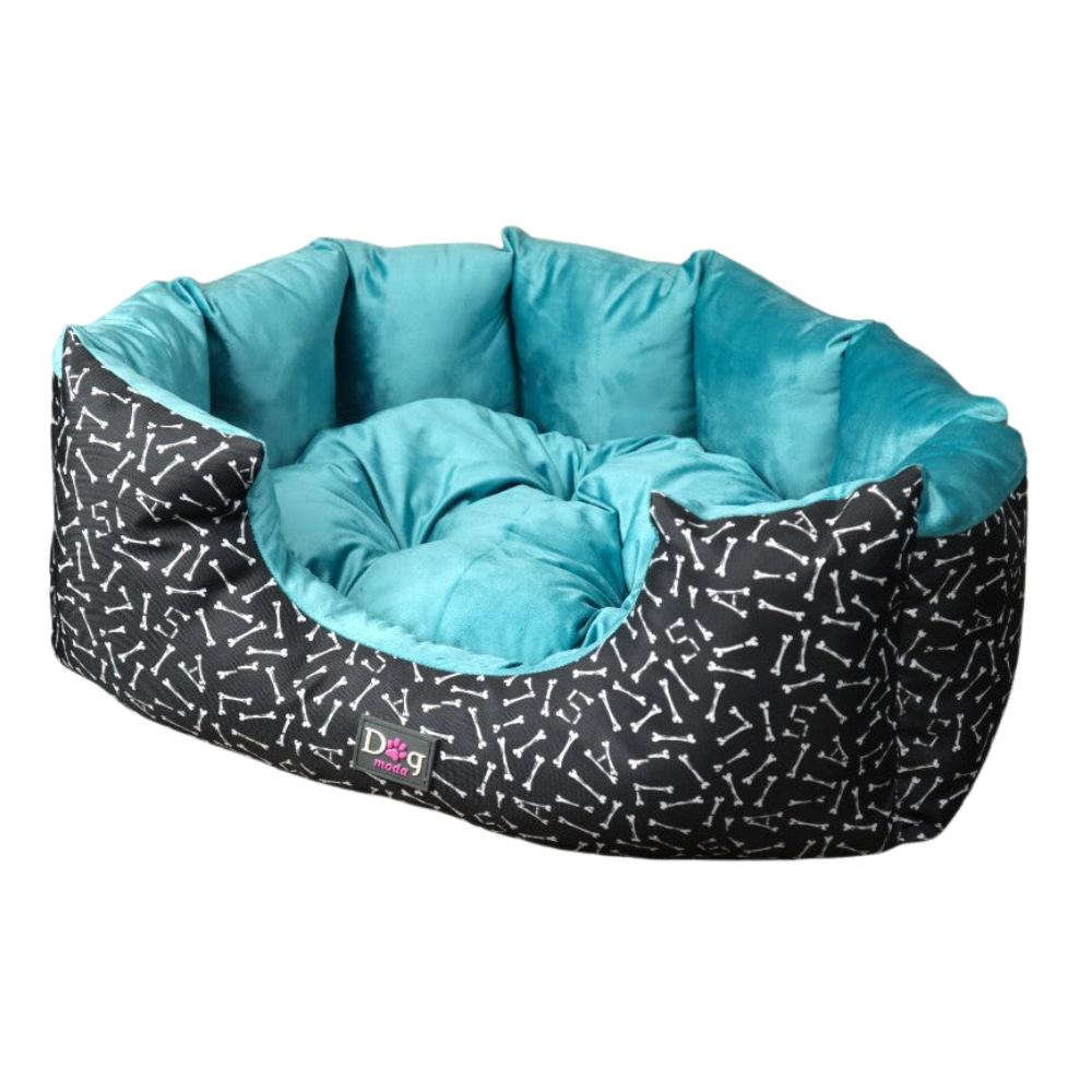 Petmoda Bone Pattern Medium Bed Black and Light Blue Plush for Dog 65*50.