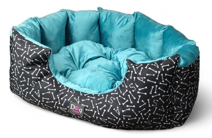Petmoda Bone Pattern Medium Bed Black and Light Blue Plush for Dog 65*50.