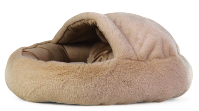 Beige pet bed with a soft texture on a white background