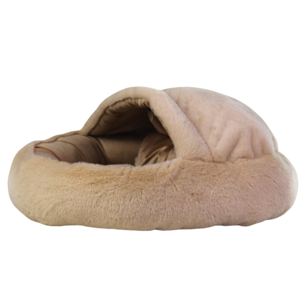 Beige pet bed with a soft texture on a white background