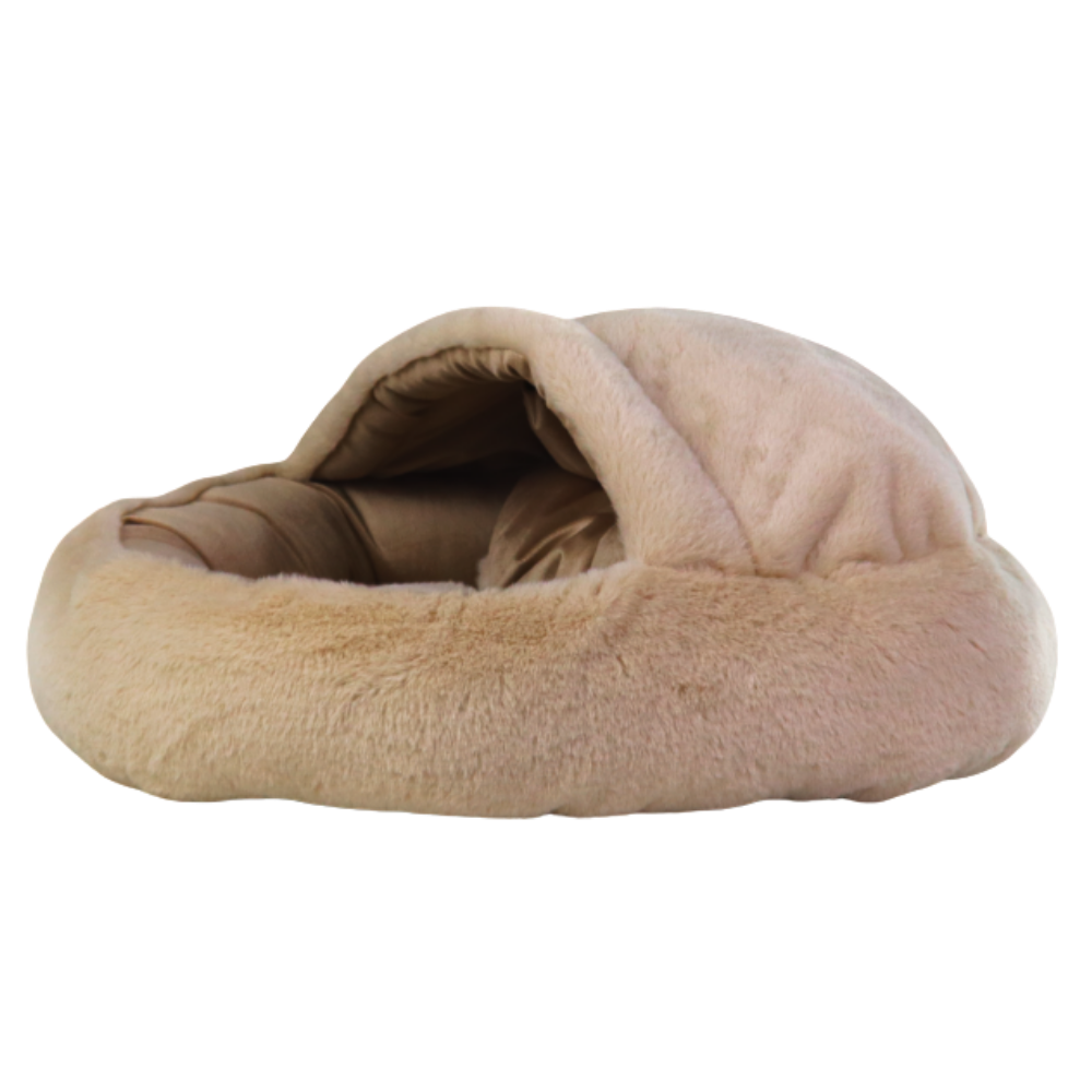 Beige pet bed with a soft texture on a white background