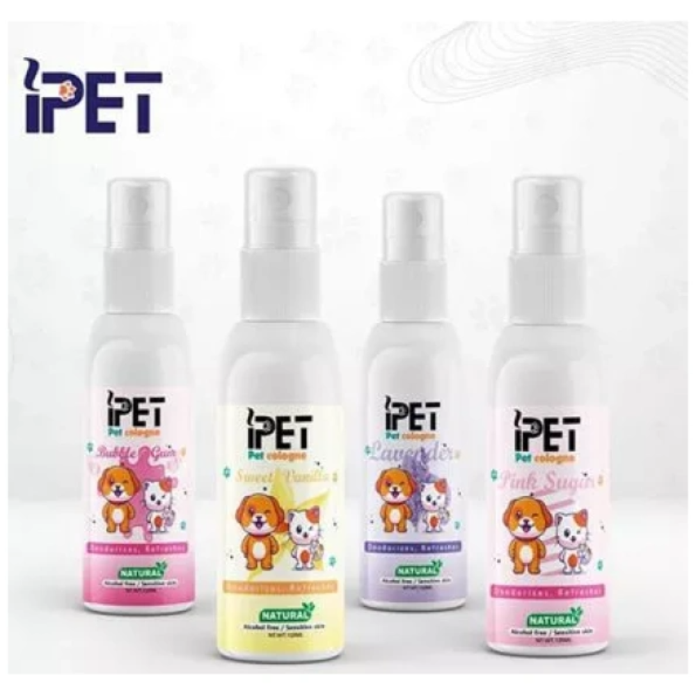 Four bottles of iPet pet cologne with colorful labels on a white background