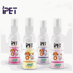 Four bottles of iPet pet cologne with colorful labels on a white background