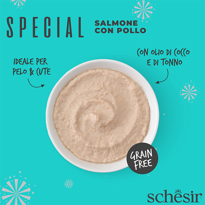 Schesir Skin&Coat salmone con pollo in mousse in busta 70g.