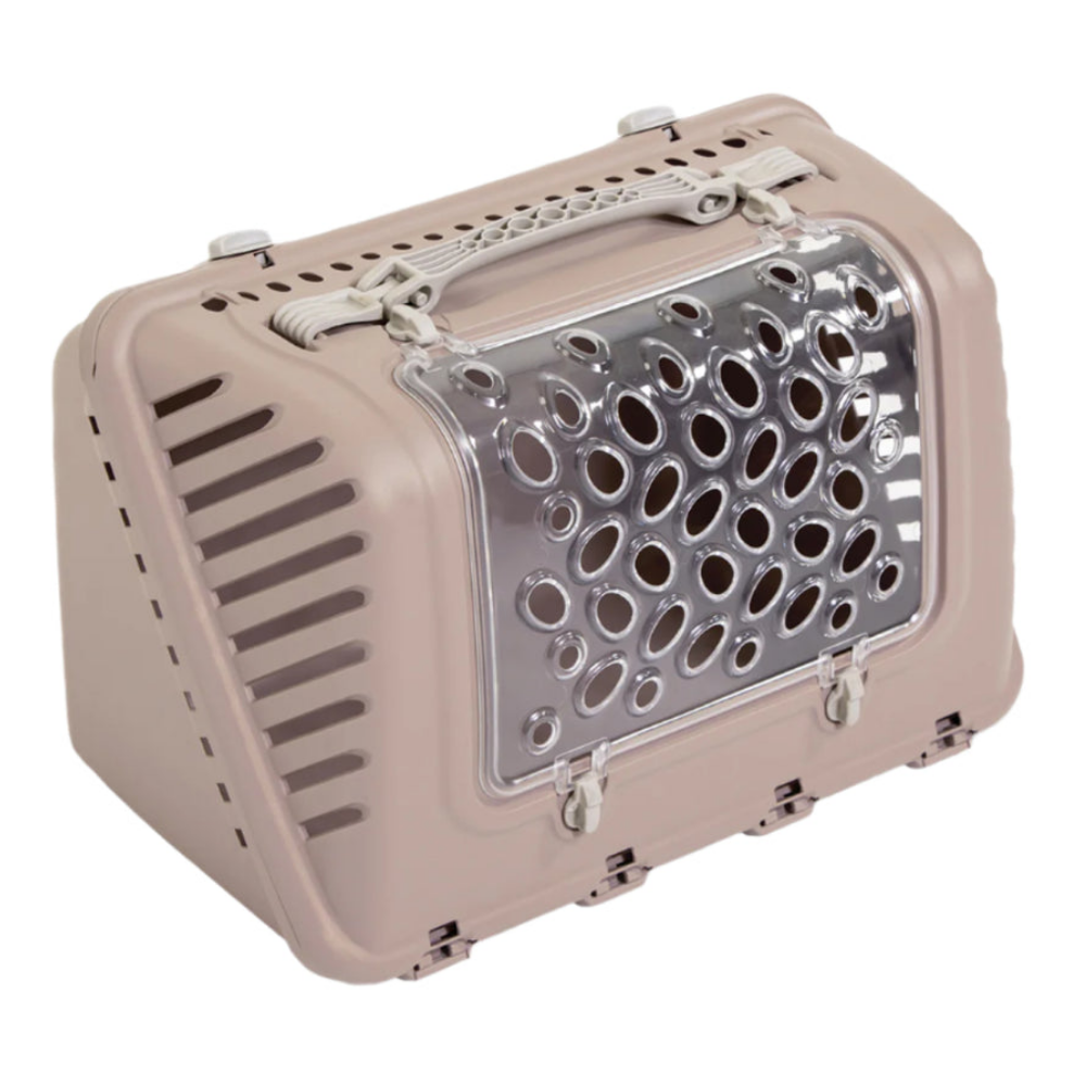 Beige pet carrier with metal grille on a white background