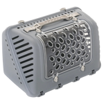 Gray pet carrier with metal grille on a white background