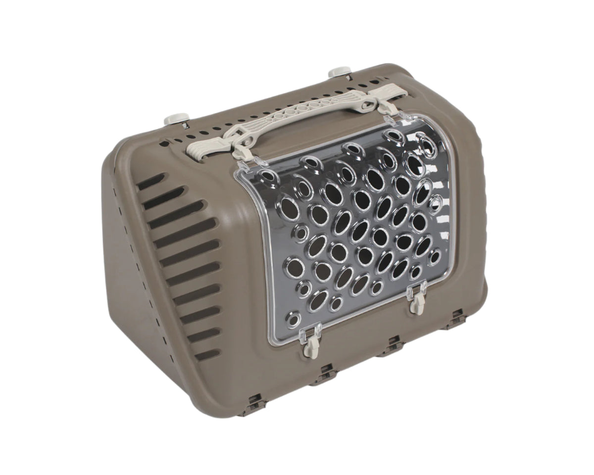 Pet carrier with a metal grille on a white background
