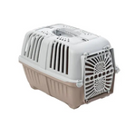 Pet carrier with beige base and white top on a white background