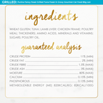 Ingredients and guaranteed analysis label for Purina Fancy Feast Grilled Tuna Feast cat food can.