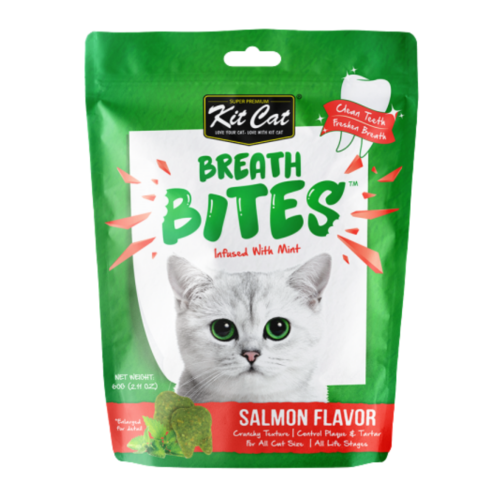 Green package of Kit Cat Breath Bites for cats on a white background