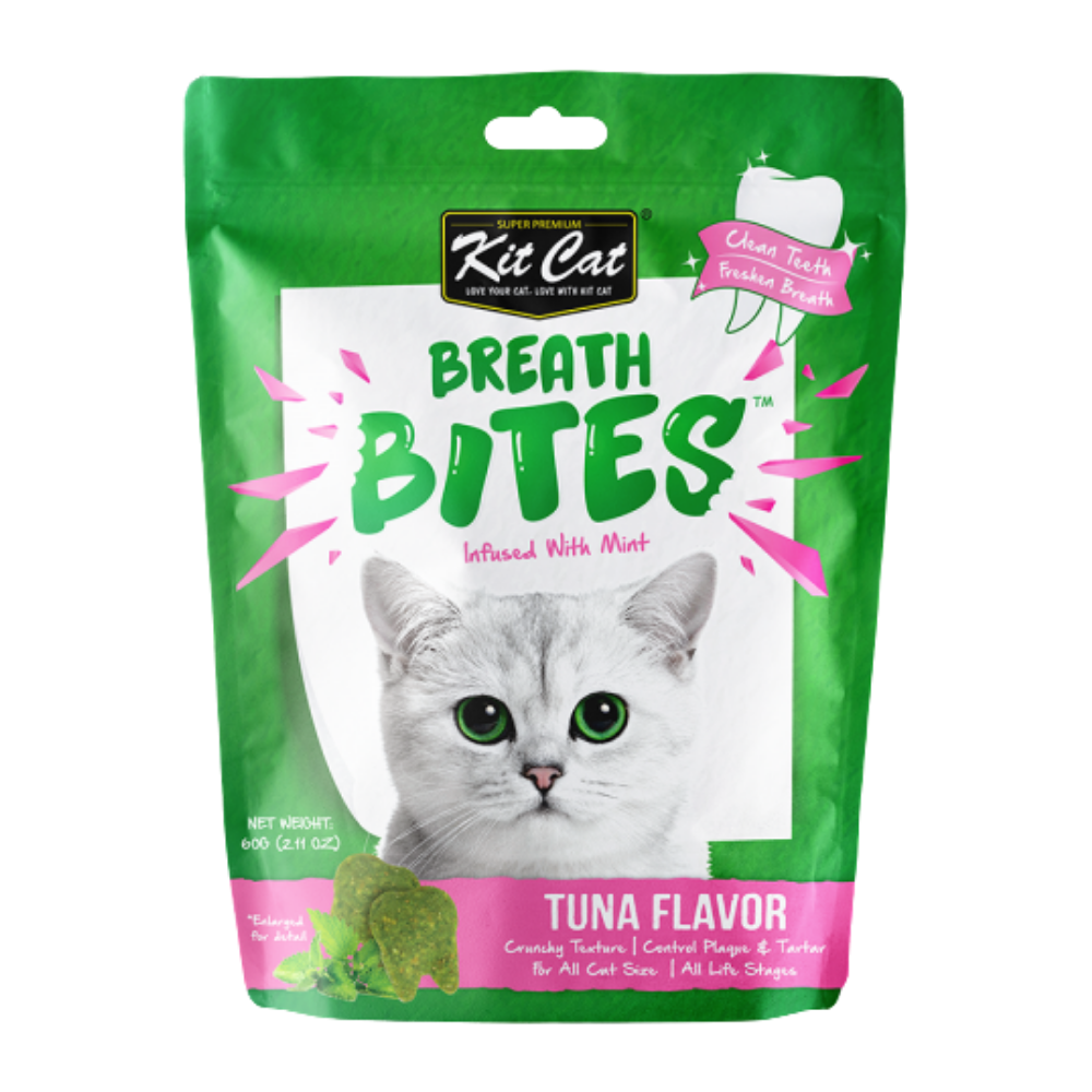 Green package of Kit Cat Breath Bites for cats on a white background