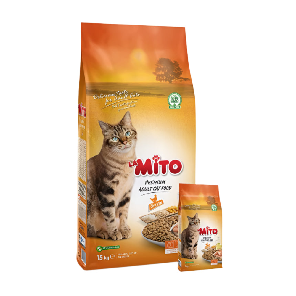 Mito cat food packaging with a cat on a white background