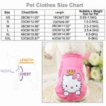 Pet clothes size chart with a pink Hello Kitty dress on a white background