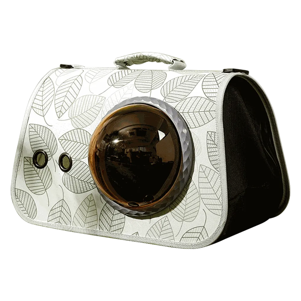 Pet carrier with leaf pattern on a white background
