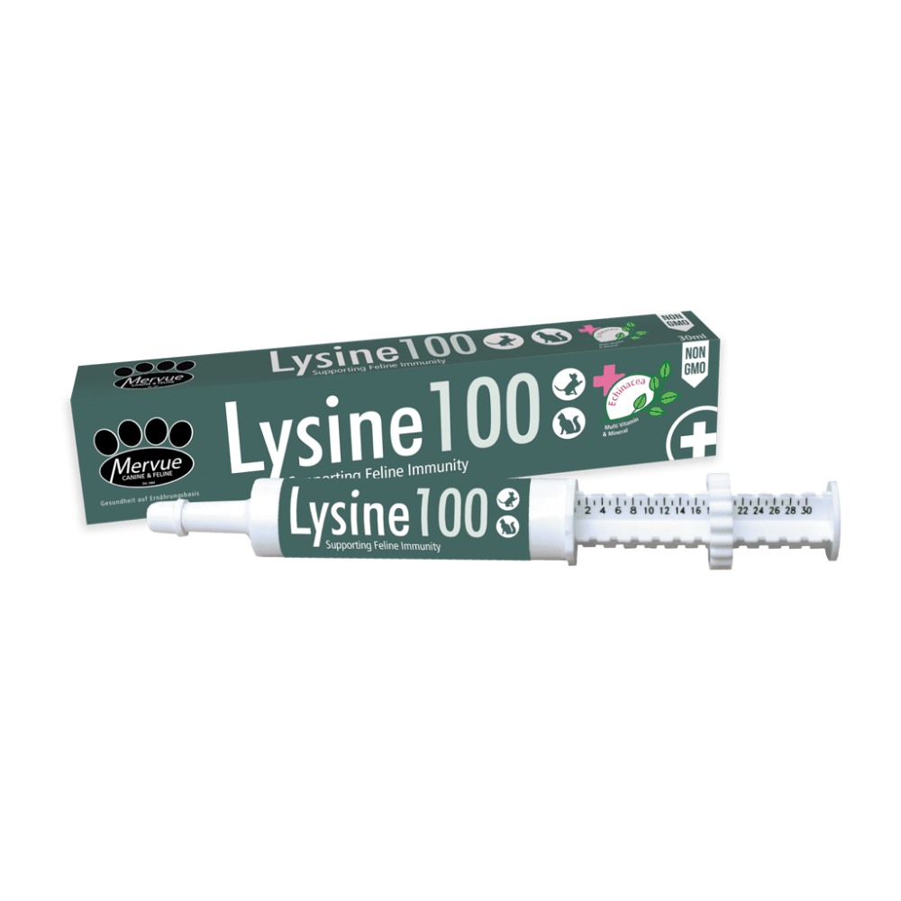 Mervue Lysine 100 supplement packaging with syringe on a white background