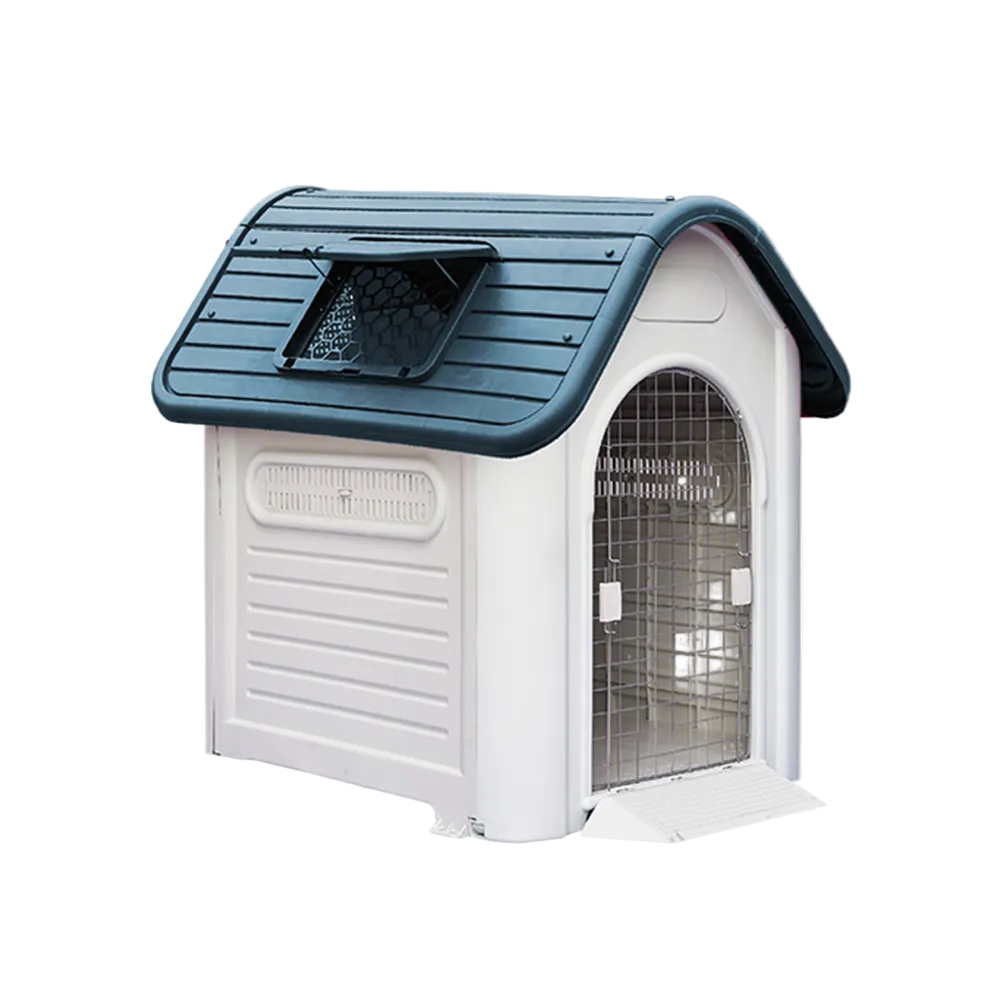 White and blue pet house with a slanted roof on a white background