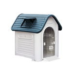 White and blue pet house with a slanted roof on a white background