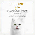 White cat with feeding guide text on a white background