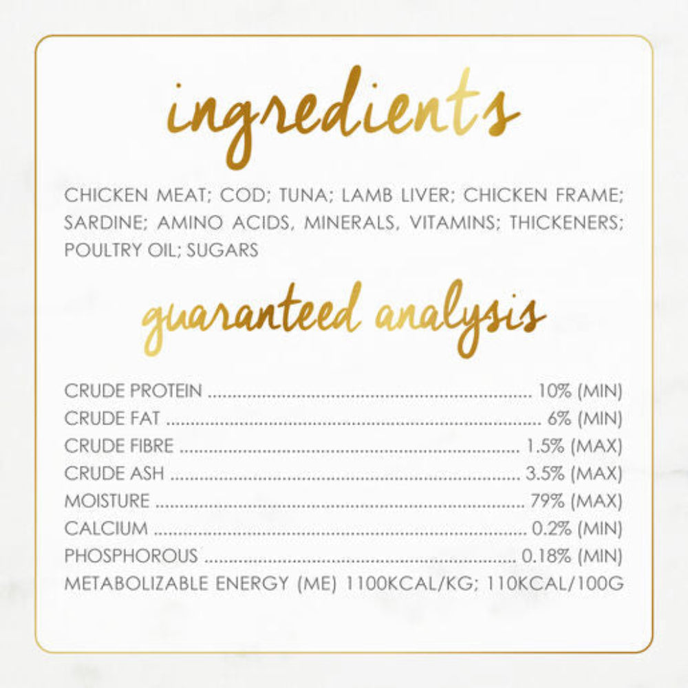 Ingredients and guaranteed analysis label for pet food on a white background