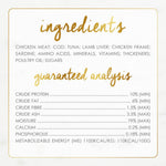 Ingredients and guaranteed analysis label for pet food on a white background