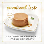 Mousse dessert on a white plate with text about exceptional taste and balanced nutrition.