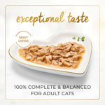 Heart-shaped plate of cat food with text about exceptional taste and balanced nutrition for cats.