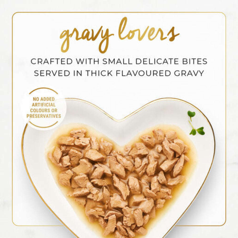Heart-shaped plate with pet food and text about 'gravy lovers' on a white background