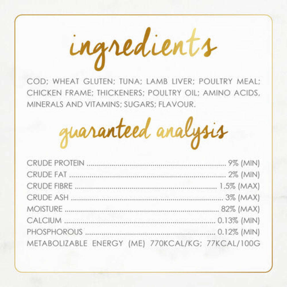 Ingredients and guaranteed analysis label for a pet food product on a white background.
