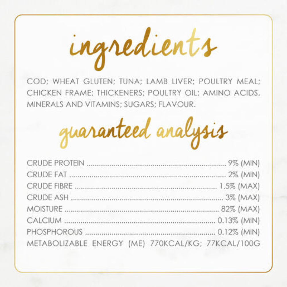 Ingredients and guaranteed analysis label for a pet food product on a white background.
