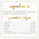 Ingredients and guaranteed analysis label for a pet food product on a white background.