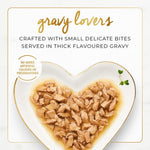 Heart-shaped dish of 'gravy lovers' with text about the product on a white background