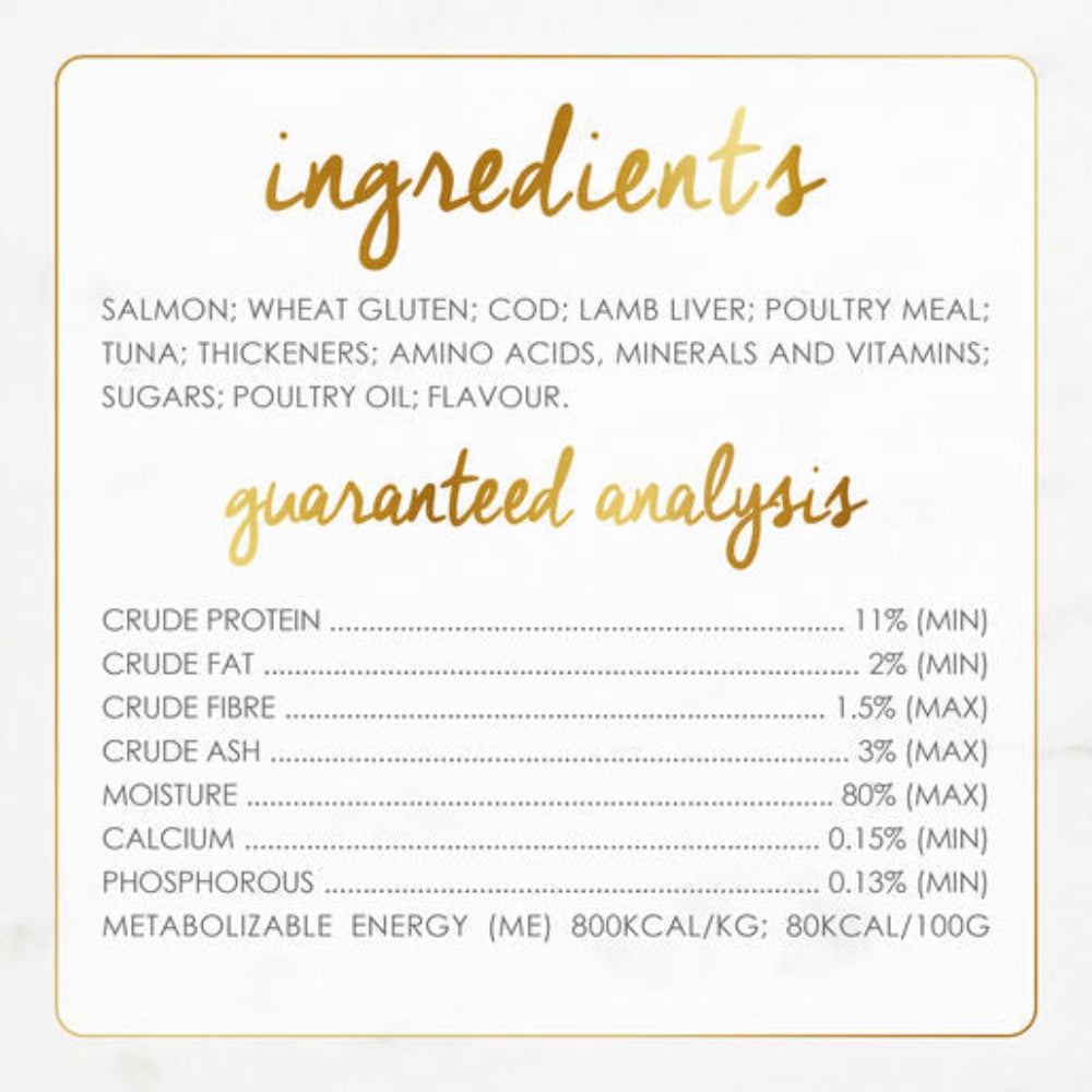 Ingredients and guaranteed analysis label for a pet food product on a white background.