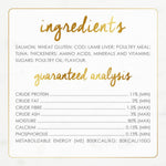 Ingredients and guaranteed analysis label for a pet food product on a white background.