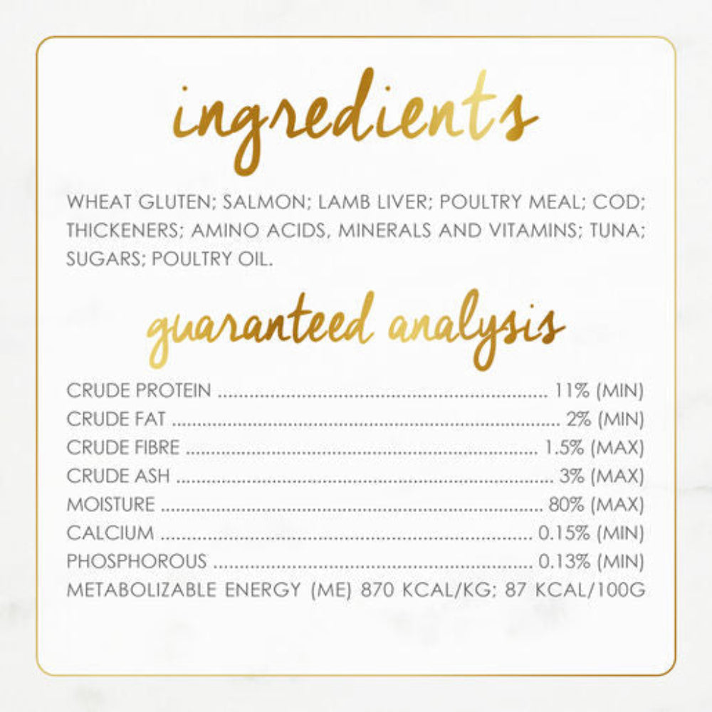 Ingredients and guaranteed analysis label for a pet food product on a white background.