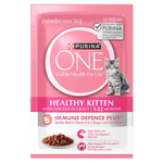 Purina One Healthy Kitten cat food package on a white background