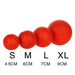 Red balls of different sizes labeled S, M, L, XL with corresponding dimensions on a white background.