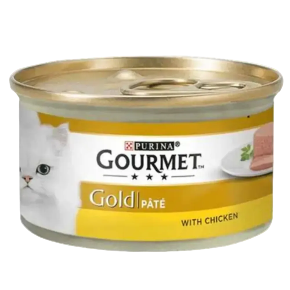 Can of Purina Gourmet Gold Páté with Chicken on a white background