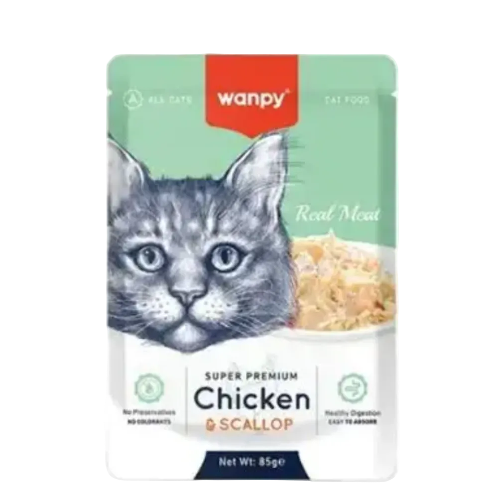 Wanpy cat food packet with a cat illustration on a white background