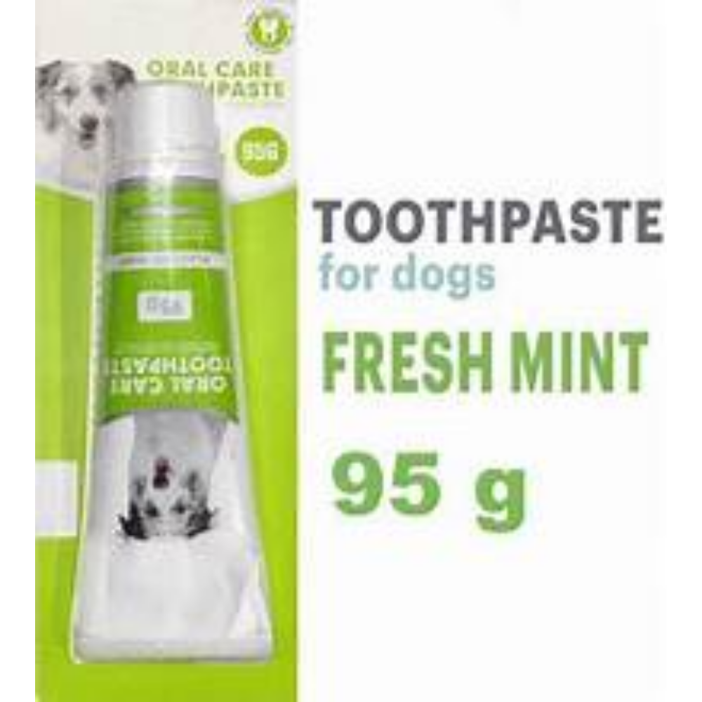 Dog toothpaste packaging with a fresh mint flavor on a white background