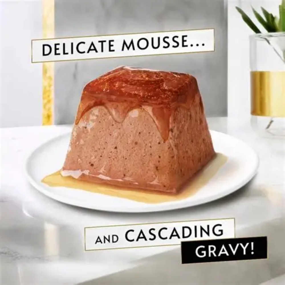Delicate mousse dessert with cascading gravy on a white plate, set against a neutral background.
